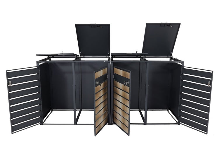 Doppelter Mülltonnenbox aus Metall mit zwei offenen Türen