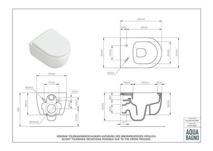 Aqua Bagno Design Hänge-WC Cocon 2.0 kurz – Spülrandlos – Weiß Matt – Softclose-Sitz
