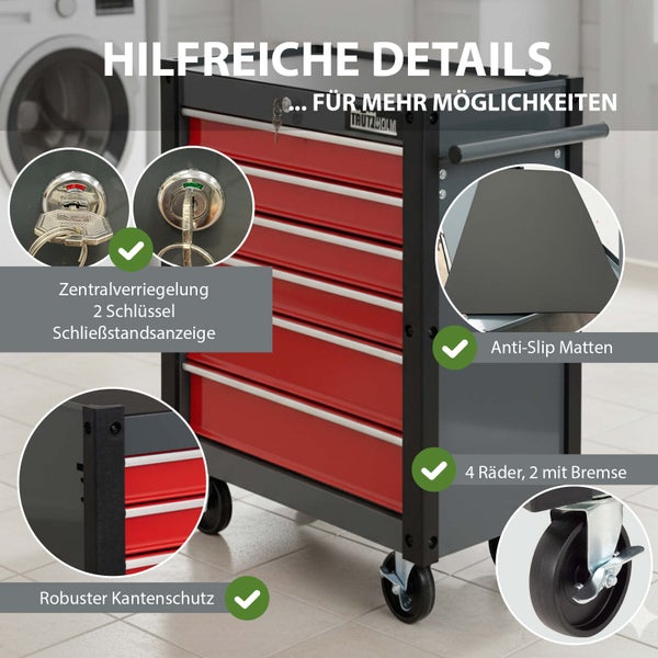 Werkstattwagen mit Zentralverriegelung, zwei Schlüsseln, Schließstandsanzeige, Anti-Rutsch-Matten, robustem Kantenschutz und vier Rädern, davon zwei mit Bremse