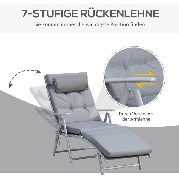 Outsunny Sonnenliege, Strandliege, klappbar, verstellbar, mit Kissen, 137 x 63,5 x 100,5 cm, Metall, Stoff, Grau