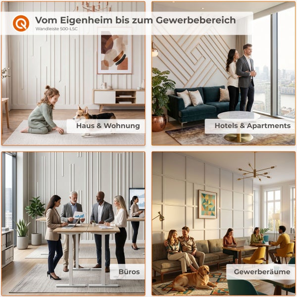 Wandleiste 500-LSC in verschiedenen Anwendungsbereichen von Wohnräumen bis zu Gewerbeflächen wie Hotels, Büros und Gastronomiebereichen.