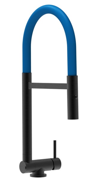 Wasserhahn Vorfenster Küchenarmatur, Umklappbar 4,5 CM, mit 360° schwenkbarem Auslauf, abnehmbare 2 strahl Handbrause, Schwarz Matt / Blau
