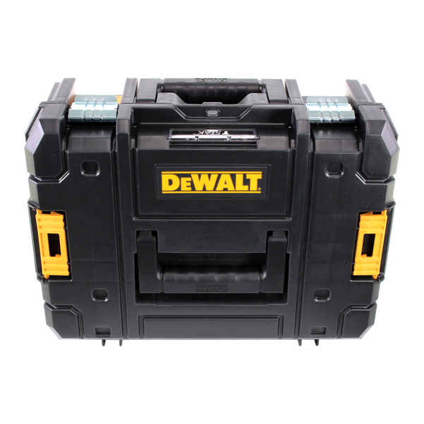 DeWalt Werkzeugbox TSTAK mit robustem Tragegriff und seitlichen Verbindungsclips.
