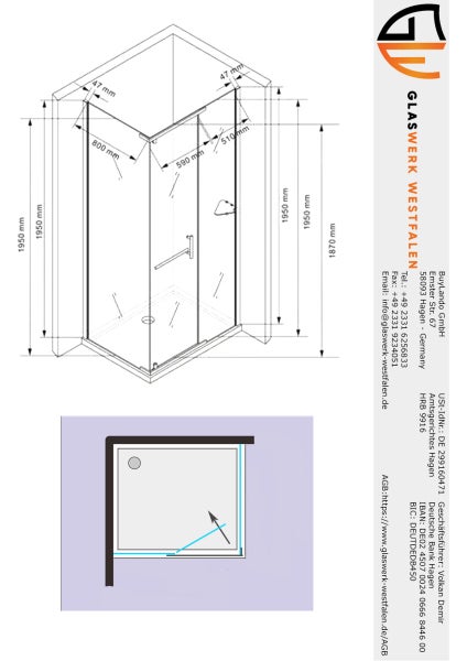 Technische Zeichnung einer Duschkabine mit Maßangaben
