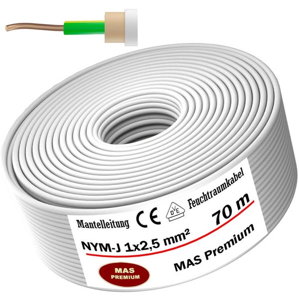 Mantelleitung NYM-J 1 mal 2,5 Quadratmillimeter, 70 Meter Rolle, MAS Premium Feuchtraumkabel, CE-Kennzeichnung und VDE-geprüft.