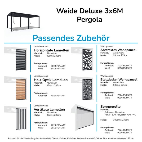 Weide Deluxe Pergola 3 x 6 M - Freistehend, Voll-Aluminium, Lamellendach, Weiß