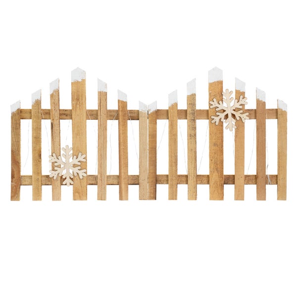 Dekorativer Holzzaun mit Schneeflocken und Beleuchtung für Weihnachten