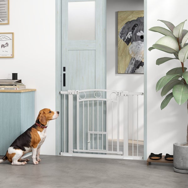 PawHut Türschutzgitter Hund, 76-104 cm Absperrgitter ohne Bohren, Treppengitter aus Stahl, Treppenschutzgitter mit Katzentür, Schutzgitter, Sicherheitsgitter für Treppen, Tür, Flur, Weiß