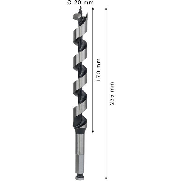 Holzbohrer mit einem Durchmesser von 20 Millimetern und einer Länge von 235 Millimetern.