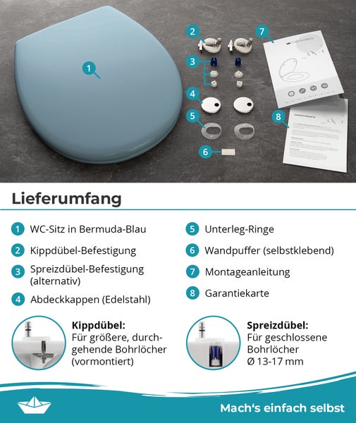Lieferumfang eines WC-Sitzes in Bermuda-Blau mit Kippdübel-Befestigung, Spreizdübel-Befestigung, Edelstahl-Abdeckkappen, Unterlegringen, selbstklebenden Wandpuffern, Montageanleitung und Garantiekarte.