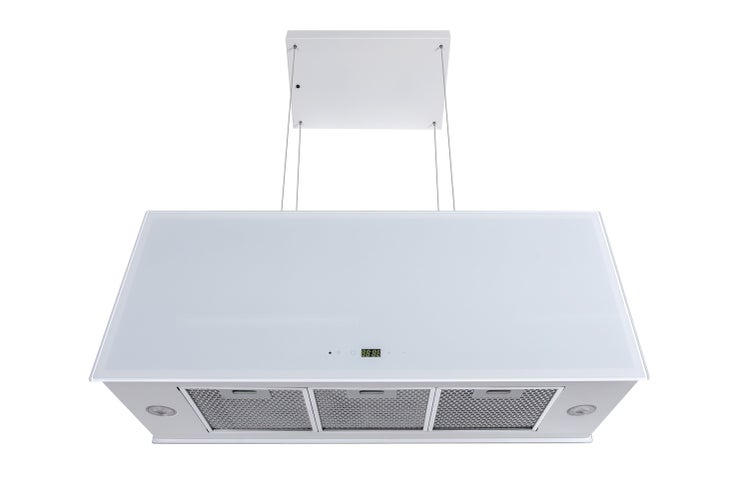 Moderne Inselhaube zur Deckenmontage mit Glasfront und Metallfettfiltern