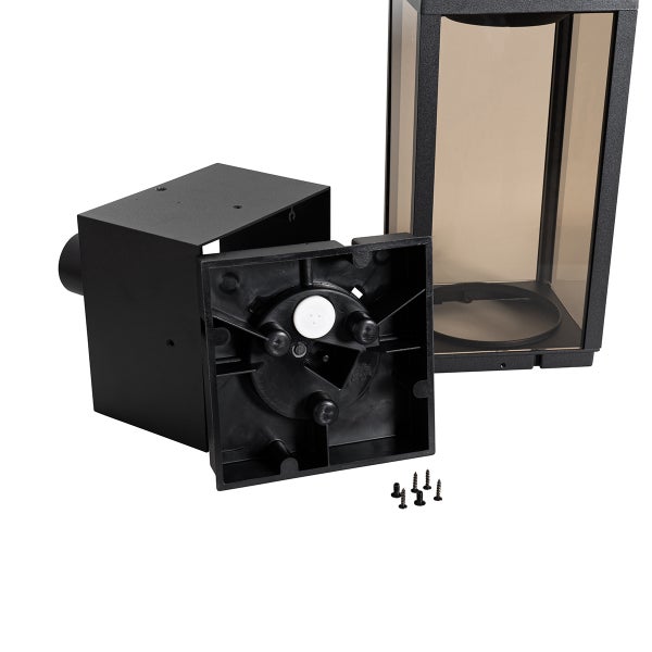 Außenwandleuchte in Einzelteilen mit Gehäuse, Montagesockel und Befestigungsschrauben.