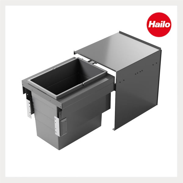 Hailo Einbau-Abfallsammler aus Kunststoff und Metall in Dunkelgrau mit Hailo Logo.