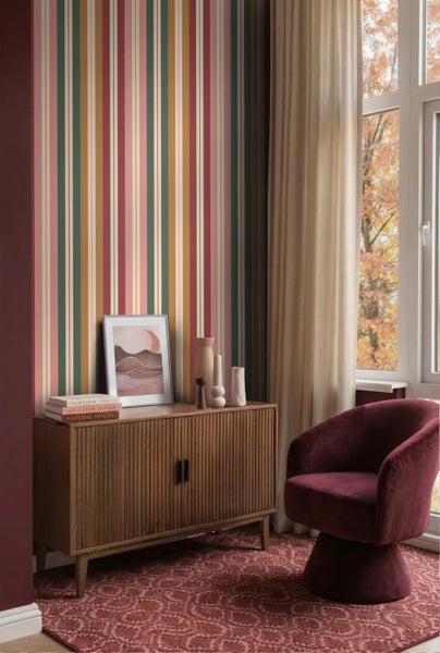 Moderne Vliestapete mit vertikalem Streifenmuster in einem hellen Wohnzimmer mit Holzsideboard, Samtsessel und gemustertem Teppich.
