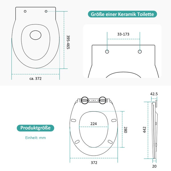 EMKE Toilettendeckel Oval mit Soft-Close-Funktion, WC-Sitze, Weiß, O Form, Schnellmontage, mit blauer Bedienleiste und Sitztragegriff, Tragfähigkeit max. 150kg, 447x363x51mm, für Bad