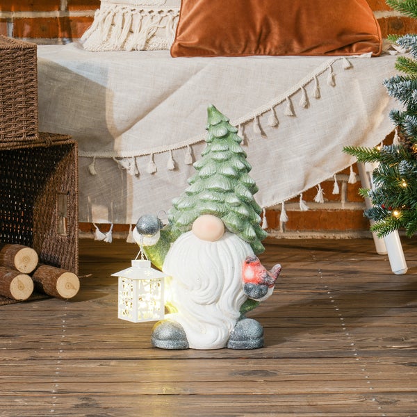 HOMCOM Weihnachtsdeko Figur, Weihnachtsmann mit Weihnachtsbaum-Mütze und Laterne, 42 cm Weihnachtsfigur mit LED-Licht, Dekofigur zu Weihnachten, für In- und Outdoor