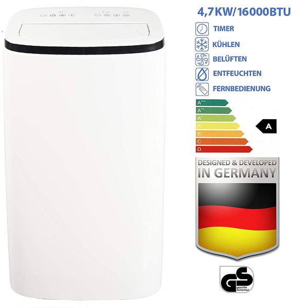 Mobiles Klimagerät mit Timer, Kühl-, Belüftungs- und Entfeuchtungsfunktion sowie Fernbedienung. Energieeffizienzklasse A. Designed and Developed in Germany Siegel. GS Geprüfte Sicherheit Siegel.