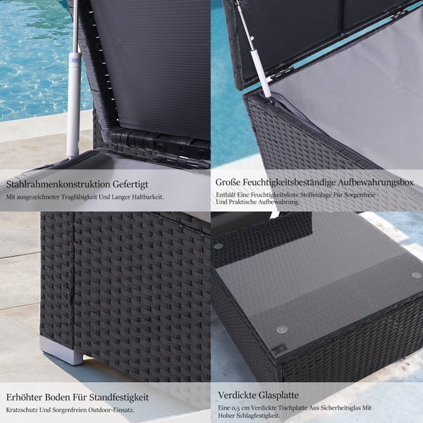 Detailansicht einer schwarzen Gartenbox mit Stahlrahmen, feuchtigkeitsbeständiger Aufbewahrungsbox, erhöhtem Boden und einer dicken Glasplatte.