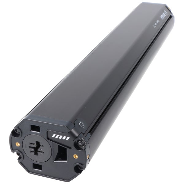 Bosch PowerTube 750 Batterie für Elektrofahrräder zur Rahmenintegration, schwarz, mit Ladezustandsanzeige und Einschaltknopf.
