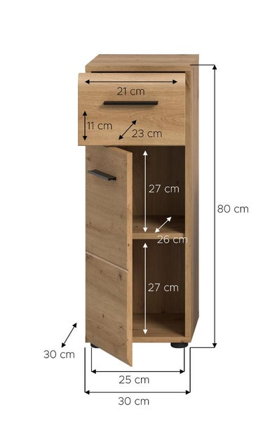 Badezimmerschrank in Eichenoptik mit einer Schublade und einer Tür. Maße: Höhe 80 Zentimeter, Breite 30 Zentimeter, Tiefe 30 Zentimeter.