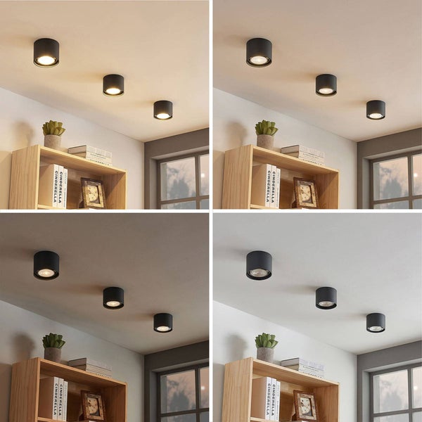 Collage mit einem Wohnraum mit einer Deckenleuchte und unterschiedlichen Lichtstimmungen.