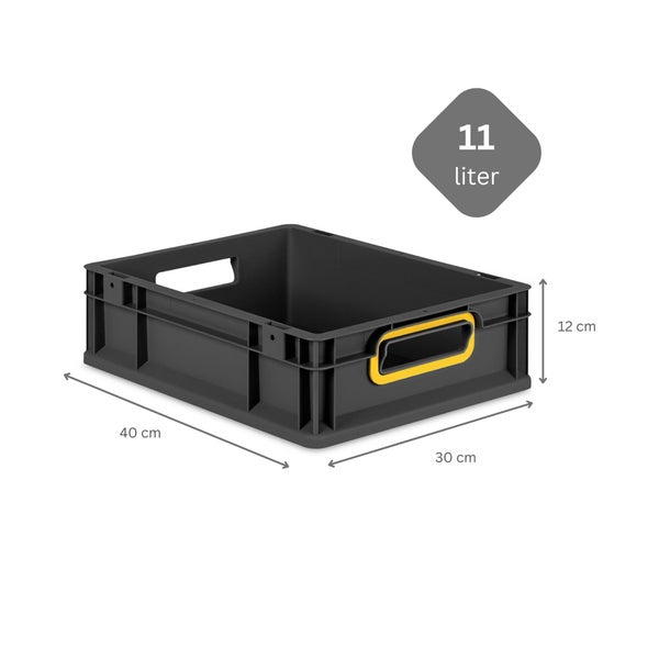 PROREGAL SparSet 5x Eurobox NextGen Color, HxBxT 12x30x40cm, 11 Liter, Griffe gelb offen, Schwarz, Eurobehälter, Transportbox, Transportbehälter, Stapelbehälter