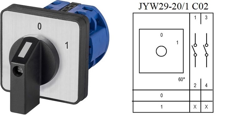 Nockenschalter mit Schaltplan, Positionen 0 bis 1, 60 Grad Schaltwinkel.