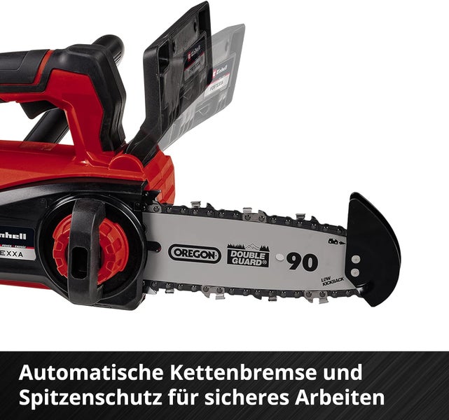 Einhell Kettensäge mit automatischer Kettenbremse und Oregon Führungsschiene mit Spitzenschutz für sicheres Arbeiten.