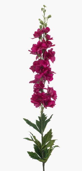 Künstlicher Blütenzweig mit vielen magentafarbenen Blüten auf grünem Stiel.