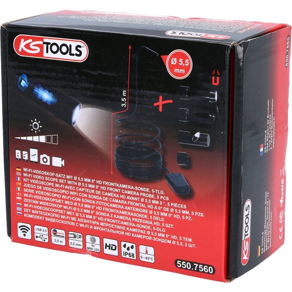 KS TOOLS Wi-Fi-Videoskop-Satz mit Ø 5,5 mm 0° HD Frontkamera-Sonde 5tlg. - 550.7560