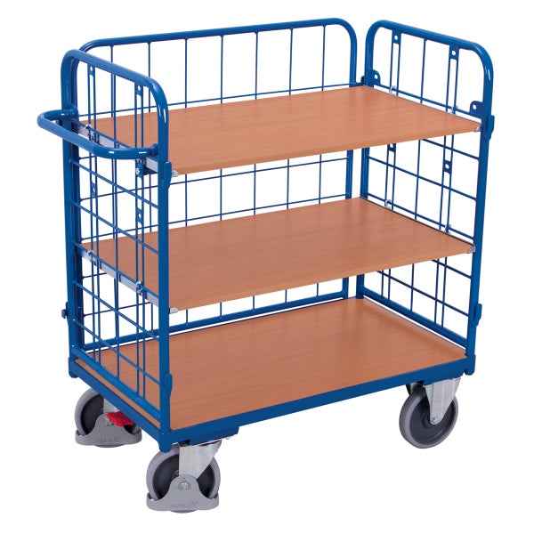 Etagenwagen mit drei Holzböden und Stahlgitter