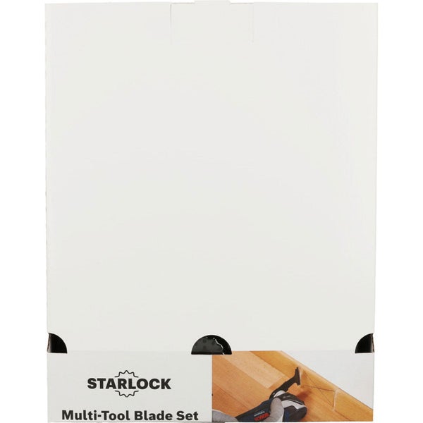 Starlock Zubehör-Set für Multifunktionswerkzeuge in weißer Kartonverpackung mit Anwendungsbild am unteren Rand.
