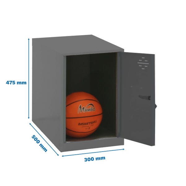 Grauer Stahlschrank mit einer geöffneten Tür und einem Basketball darin, Abmessungen 475 x 500 x 300 mm