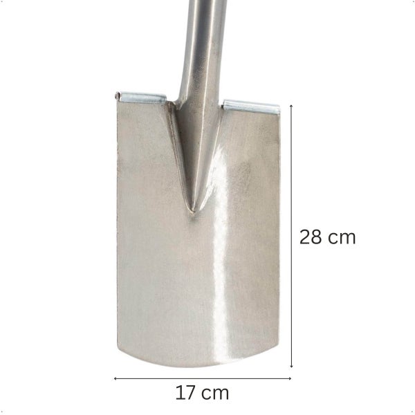 Spatenblatt aus Metall mit den Maßen 28 Zentimeter Höhe und 17 Zentimeter Breite.