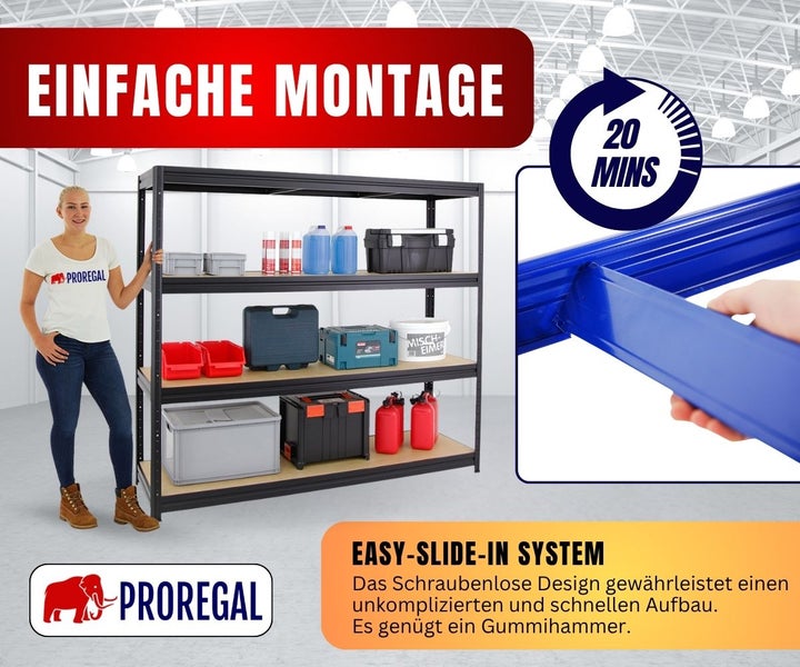 Proregal Schwerlastregal mit vier Fachböden, schraubenloses Stecksystem für Montage in circa 20 Minuten, Proregal Logo.