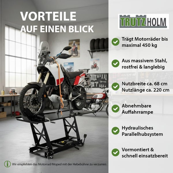 Motorrad Hebebühne mit einem Motorrad darauf und TrutzHolm Logo
