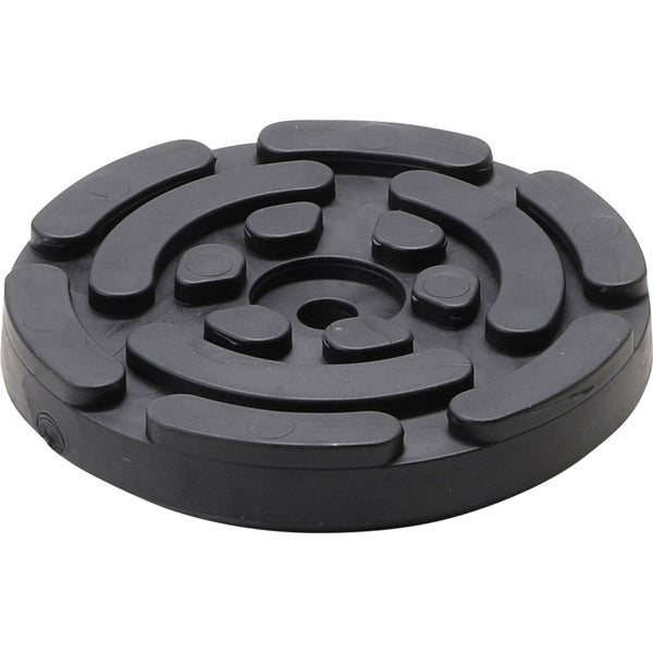 Schwarze, runde Gummiauflage mit strukturierter Oberfläche und zentraler Bohrung.