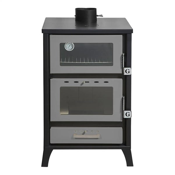 Kaminofen mit Backfach, Sichtscheiben für Brennkammer und Ofen, integriertem Thermometer und Aschefach.