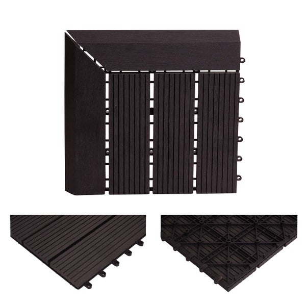 Terrassenfliese aus Verbundwerkstoff mit Klicksystem, Eckstück inklusive Ansicht der Oberseite und Unterseite.