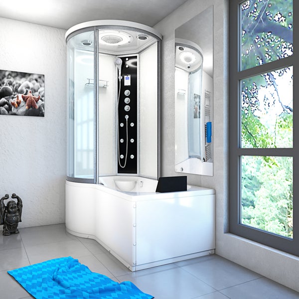 Moderne Dampfdusch-Whirlpool-Kombination in einem hellen Badezimmer mit Fenster, Glasfront und integriertem Duschpaneel.