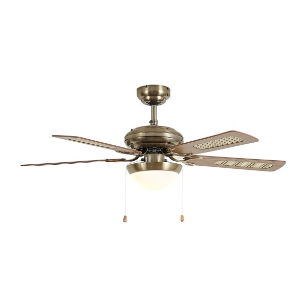 Deckenventilator mit Beleuchtung aus Metall und Holz mit Korbflechtoptik und Zugschalter