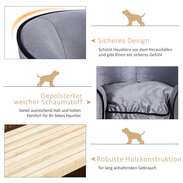 PawHut Hundesofa Luxus Haustiersofa mit Kissen Katzensofa erhöhtes Hundebett<br />Hundecouch Tierbett Plüsch Tannenholz Hellgrau 69 x 49 x 38 cm
