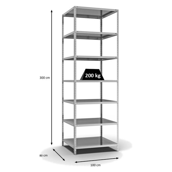 PROREGAL Fachbodenregal Schraubsystem Medium-Duty Grundregal HxBxT 300 x 100 x 80 cm 7 Ebenen Fachlast 200 kg Beidseitig Nutzbar Verzinkt