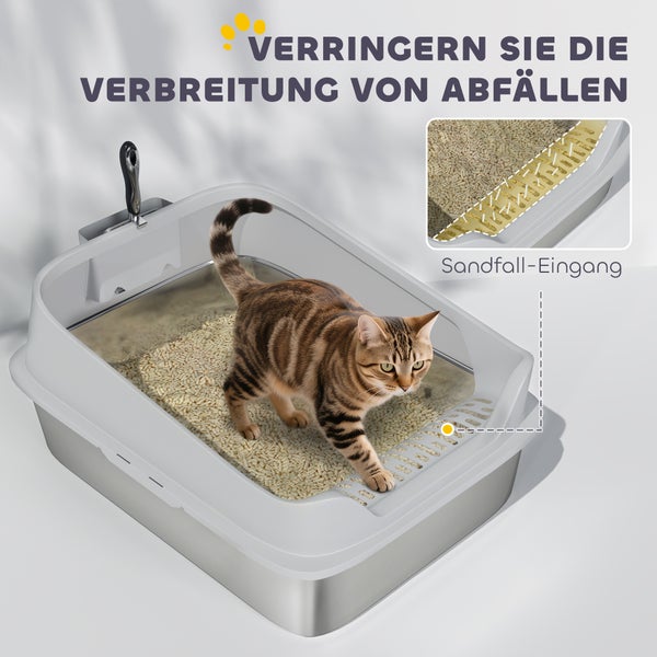 Edelstahl Katzenklo mit Sandfall-Eingang zur Reduzierung der Streuverbreitung, inklusive Schaufel und Katze im Inneren.