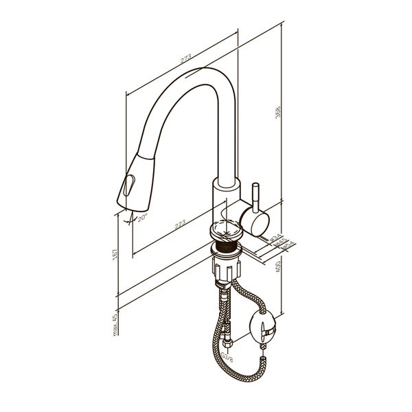 Technische Zeichnung einer Küchenarmatur mit Maßen