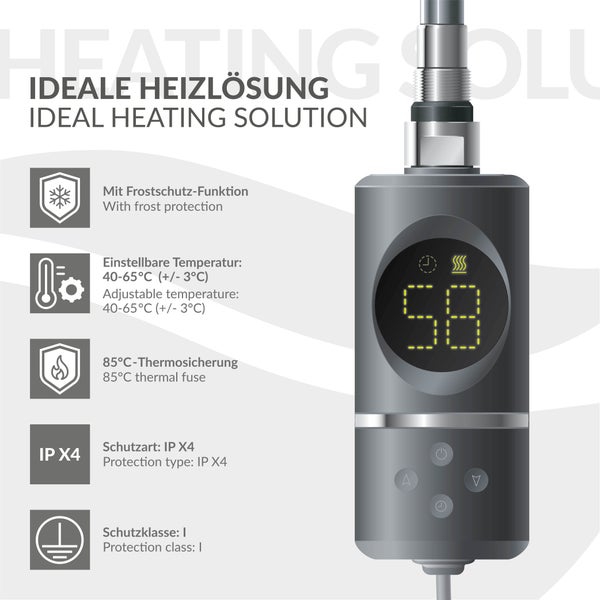 ML-Design Heizstab 600W Anthrazit mit Thermostat & LCD Bildschirm, Elektronischer Temperaturregler & Timing-Funktion, Heizpatrone Heizelemente für Badheizkörper Heizungen, Elektroheizstab mit Stecker