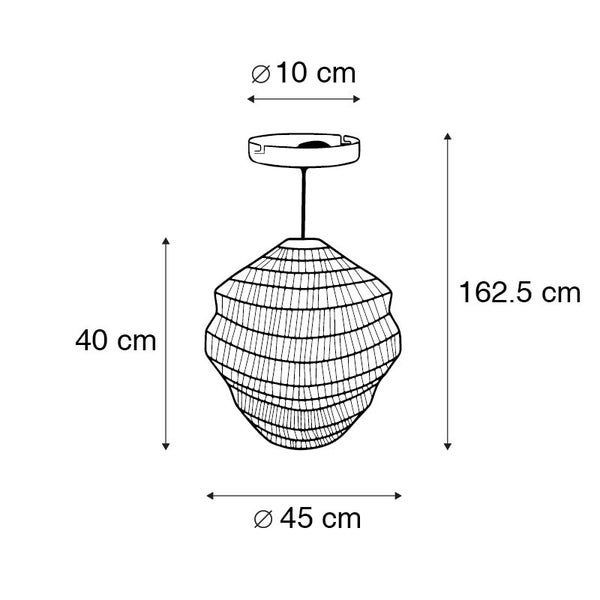 Technische Zeichnung einer Pendelleuchte mit den Maßen 40 cm Höhe, 45 cm Durchmesser und 162,5 cm Gesamthöhe.