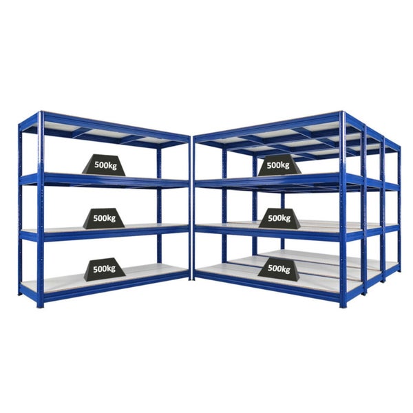 Blaues Metallregalsystem mit vier Ebenen und einer Tragfähigkeit von 500 kg
