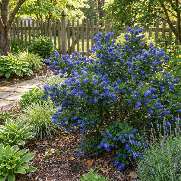 Gepflegter Garten mit einer blühenden blauen Säckelblume, einem Holzzaun, Hostas und Ziergräsern.