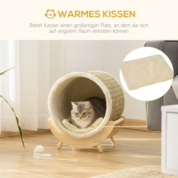 Katze in einem runden Katzenbett aus Holz mit Sisal und Plüsch, inklusive Kissen